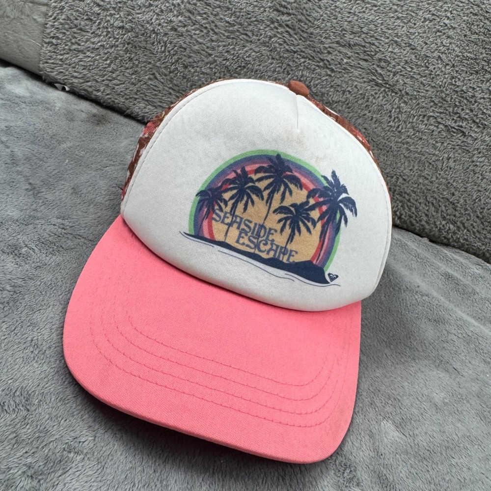 Roxy Trucker Hat Womens OS Pink White Brown Seaside Escape Tropical Graphic Good